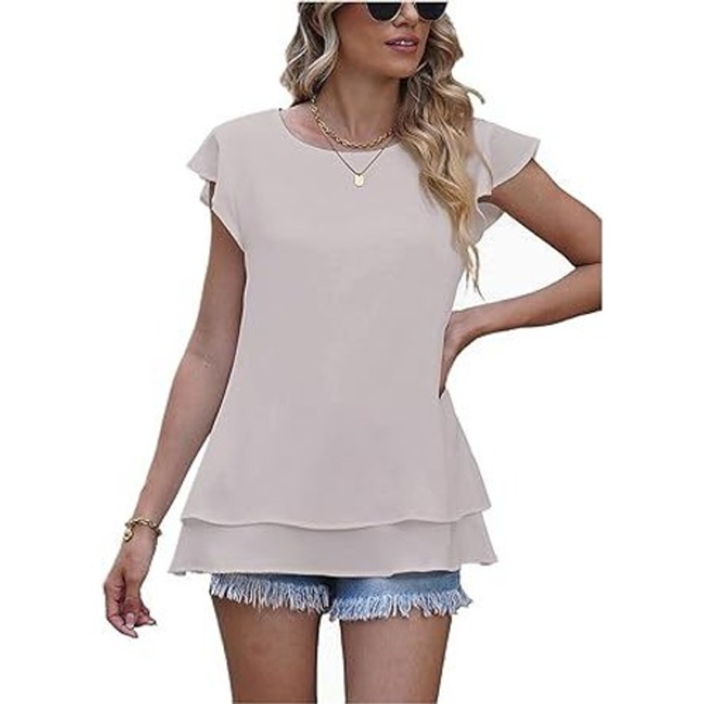 Womens Flutter Sleeve Top Crewneck Double Layer Blouse Elegant Casual GREY MED